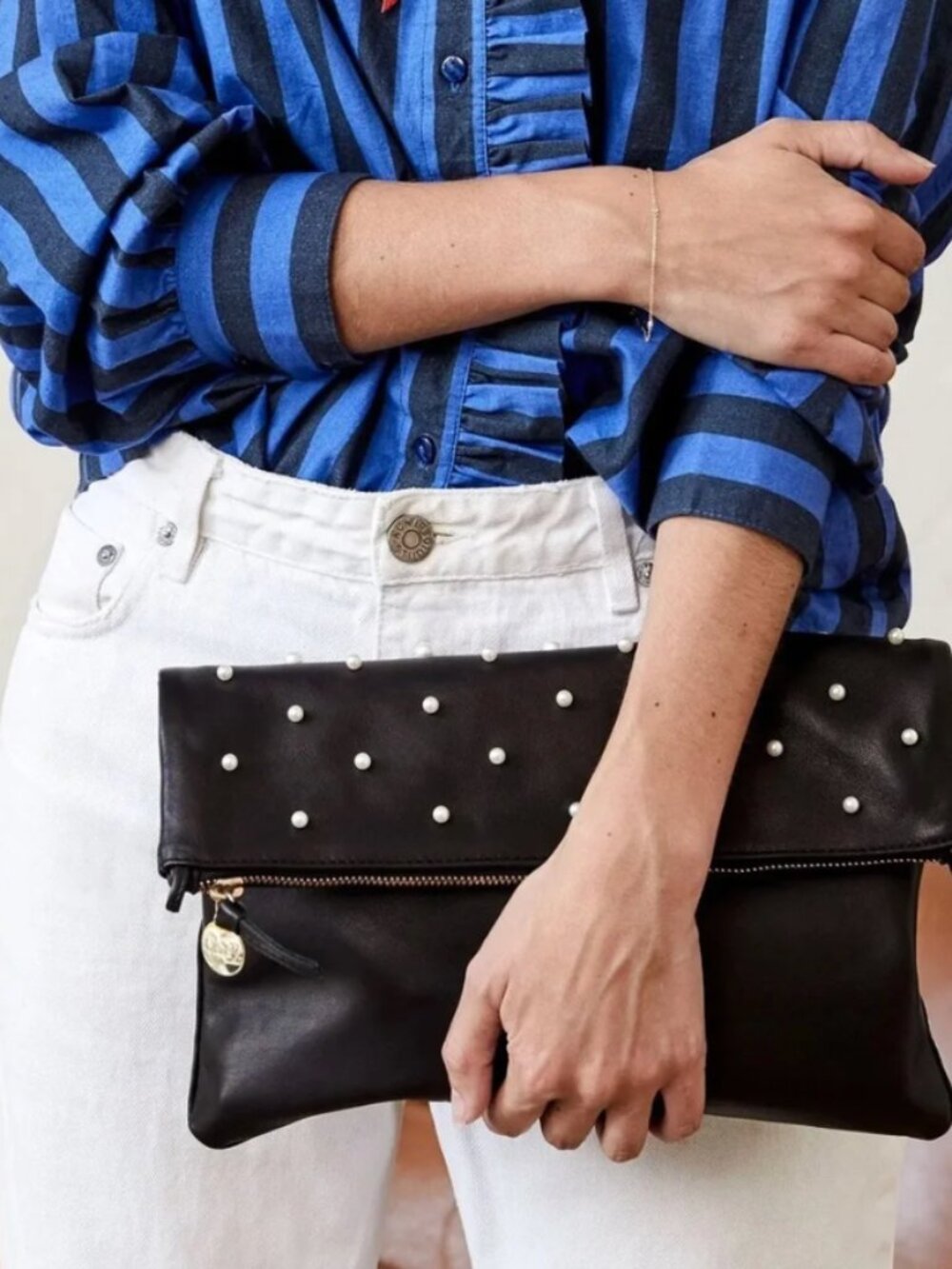 Clare V Black Leather and Pearl Foldover Clutch